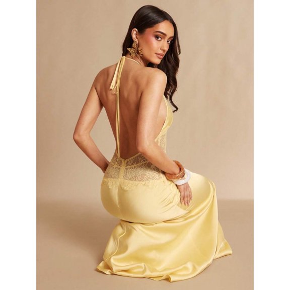 Yellow V-Neck Lace-Trimmed Backless Maxi Dress For Evening, Parties, And Summer Occasions