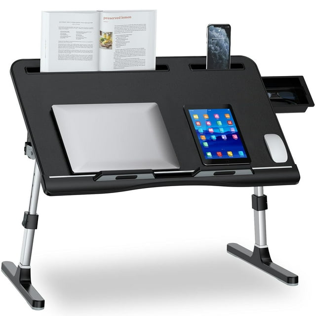 EVETTO Laptop Bed Desk, X-Large Leather Adjustable Computer Bed Table Tray, Foldable Laptop Lap Desk for Bed Sofa Couch Floor Writing Eating Working
