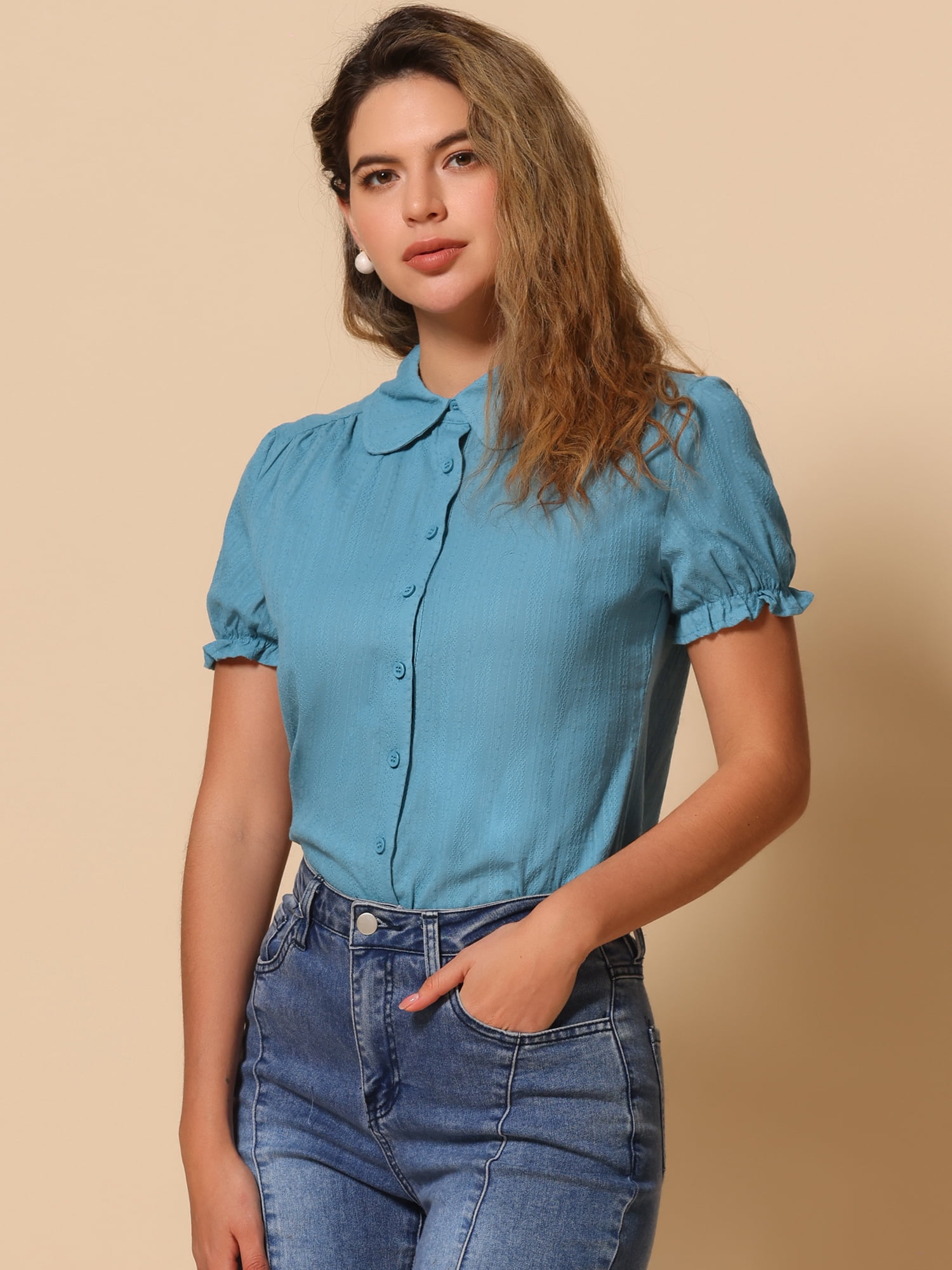 DARING DIVA Women's Cotton Frilled Peter Pan Collar Blouse S Blue Gray