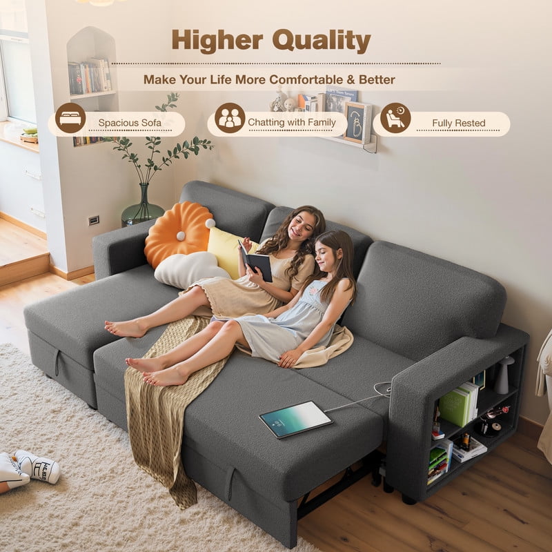 Homall 80" Sleeper Sofa Couch with Pull Out Bed Sectional Sofa with Storable Armrest Shelf and USB Charge Port for Living Room,Gray