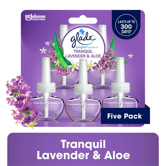 Glade PlugIns Scented Oil 5 Refills, Air Freshener, Tranquil Lavender & Aloe, Essential Oil Infused Wall Plug In, 3.35 FL oz, Pack of 5