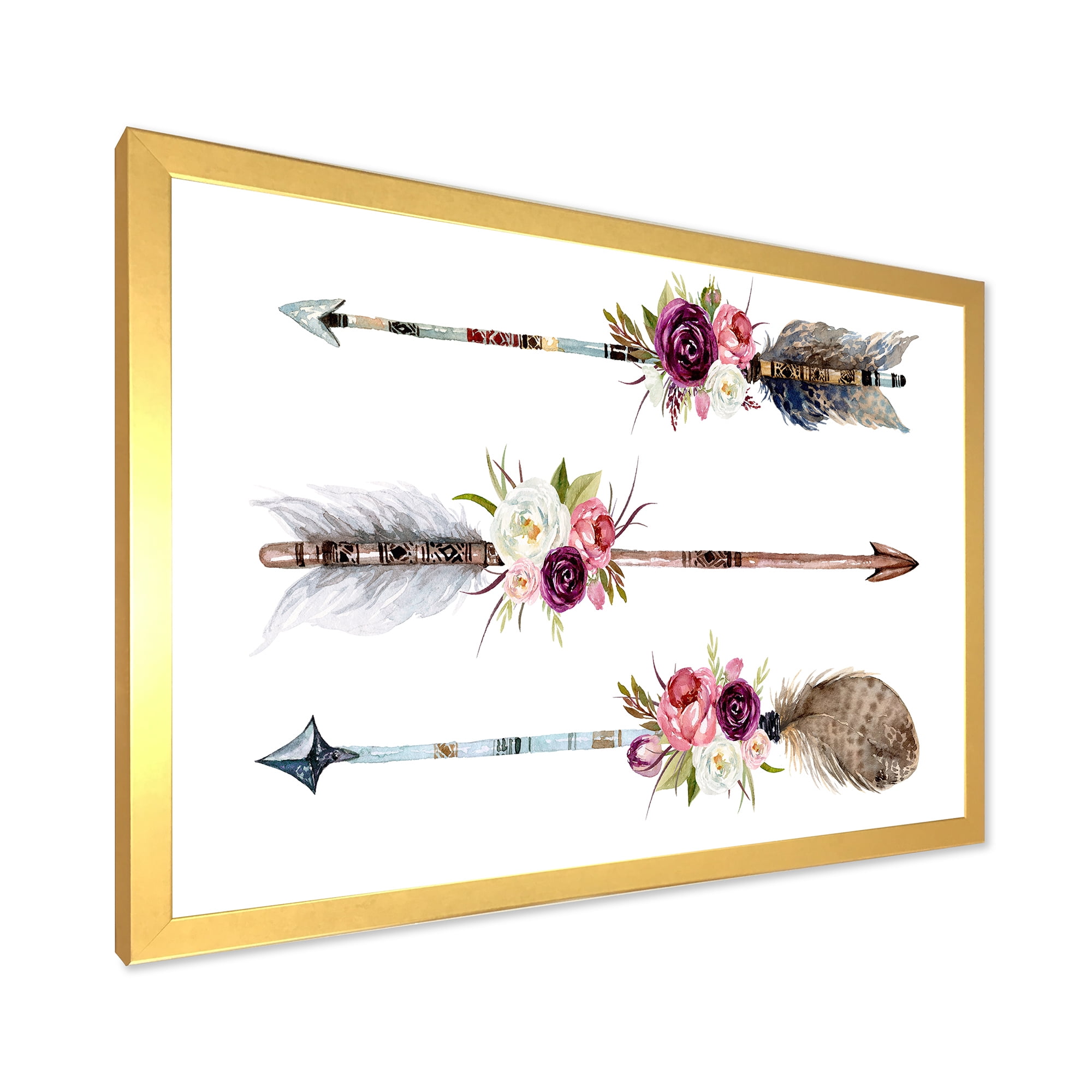 Designart 'Flowers and Ethnic Feathers On Native Arrows III' Bohemian & Eclectic Framed Art Print
