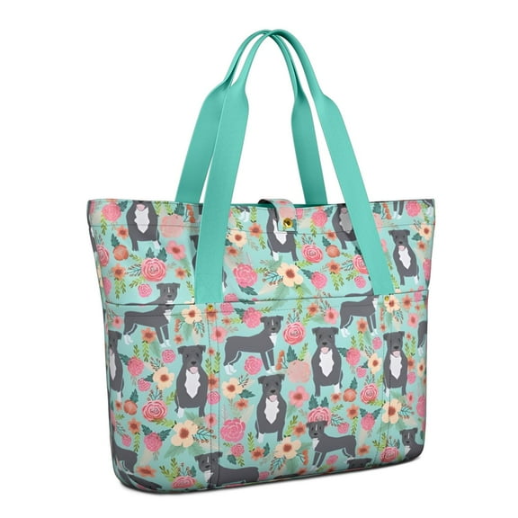 Tote Bag for Women - Cute Pitbull Terriers Dog and Flowers Shoulder Bag - Large Utility Work Duffle Bag with Zipper Handbag for Travel, Work, Sprots