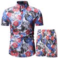 thumbnail image 1 of xiaxaixu Men Beach Outfits Printed Lapel Button Down Shirt + Drawstring Shorts, 1 of 6