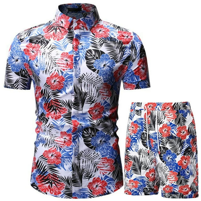 xiaxaixu Men Beach Outfits Printed Lapel Button Down Shirt + Drawstring Shorts