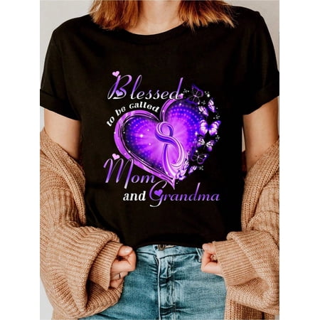 Blessed To Be Called Mom And Grandma Graphic T-Shirt For Women Purple Heart Butterfly Design Retro Casual Cotton Tee Top Mother's Day Gift Idea Black