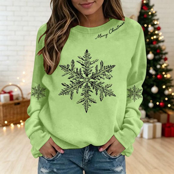 Christmas Sweatshirts for Women Snowflake Crewneck Long Sleeve Pullover Sweatshirts Holiday Festive Loose Fit Casual Sweatshirts, 2XL