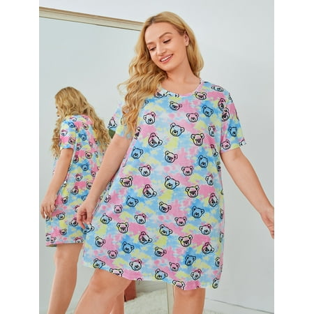 

Multicolor Cute Women s Plus Tie Dye Allover Bear Print Nightdress 3XL(18) Y22001D