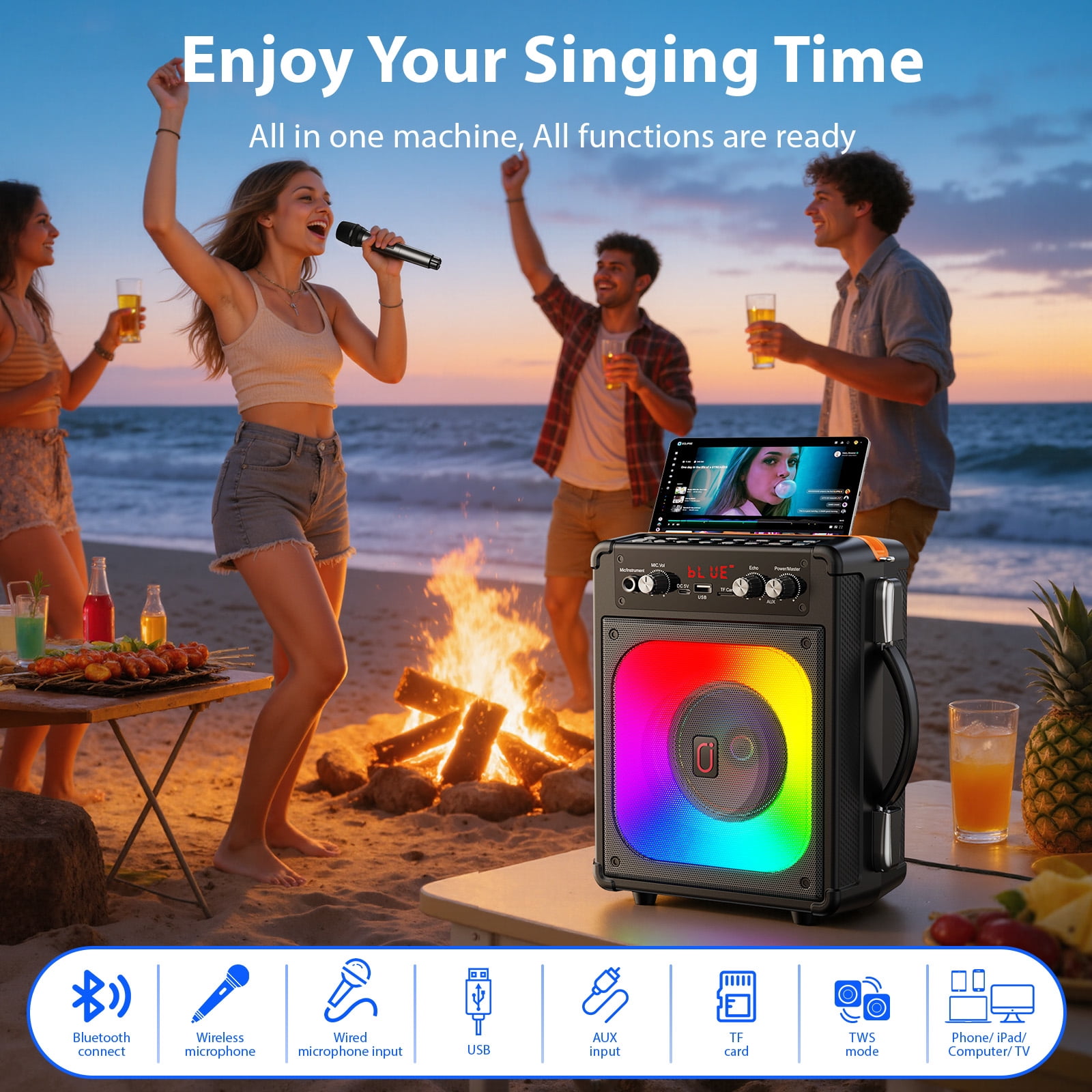 JAUYXIAN Stand Alone Karaoke Machine with 2 Mics, Bluetooth Karaoke Party Speaker, Echo Adjustment, Supports USB/TF/REC/AUX