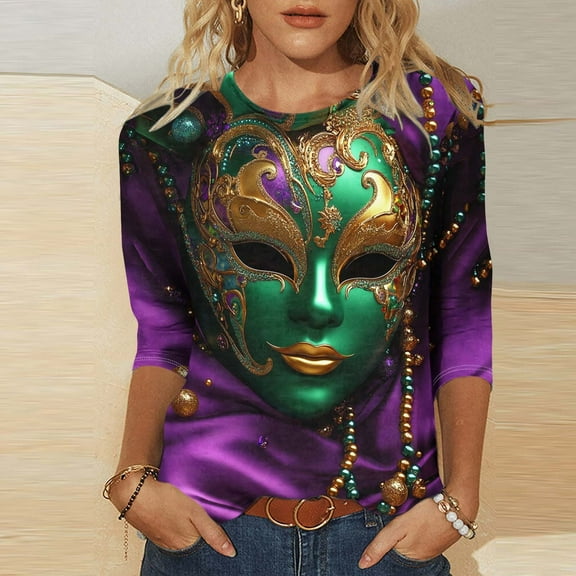 SOOMLON Mardi Gras Tops for Women Tuesday Shirts Carnival Themed Party 3/4 Sleeve Outfits Funny Mask Graphic Tshirts Tunic Crewneck Tops New Orleans Holiday Blouses 2025 Multicolor XL