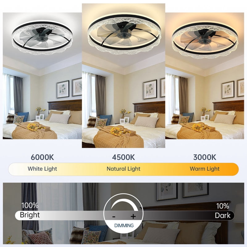 TICOZE 24" Flush Mount Ceiling Fan with Light - Ultra Quiet Crystal LED Fan Light with Hidden Blades, Remote/APP Control & Dimmable 3-Color Lighting for Bedroom, Living Room
