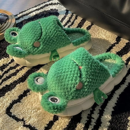 

CoCopeanut 2022 Winter New Frog Modeling Design Women Fur Slippers Warm Plush Home Shoes Fluffy Couple Cotton Indoor Platform Slippers