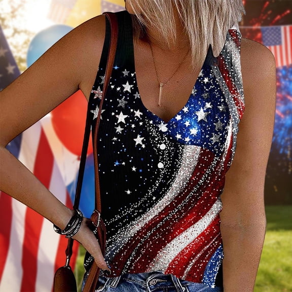 Dolkfu 250th Anniversary Independence Day Women'S Clothing Multicolor Sleeveless V-Neck Button Fashion Patchwork Tank Tops Multicolor,Xl