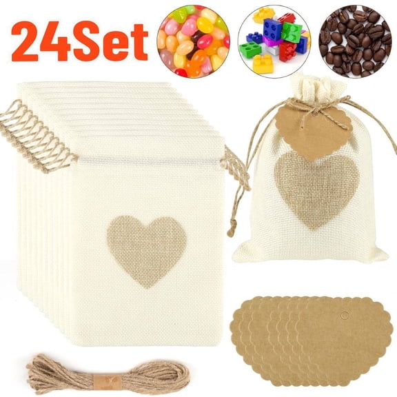 24 Pack Jute Bags with Drawstring & Heart-Shaped Gift Tags, 13 x 18 cm Small Bags for Filling, Cotton Bags, Ramadan Calendar, Jewellery, Wedding, Gift Bags