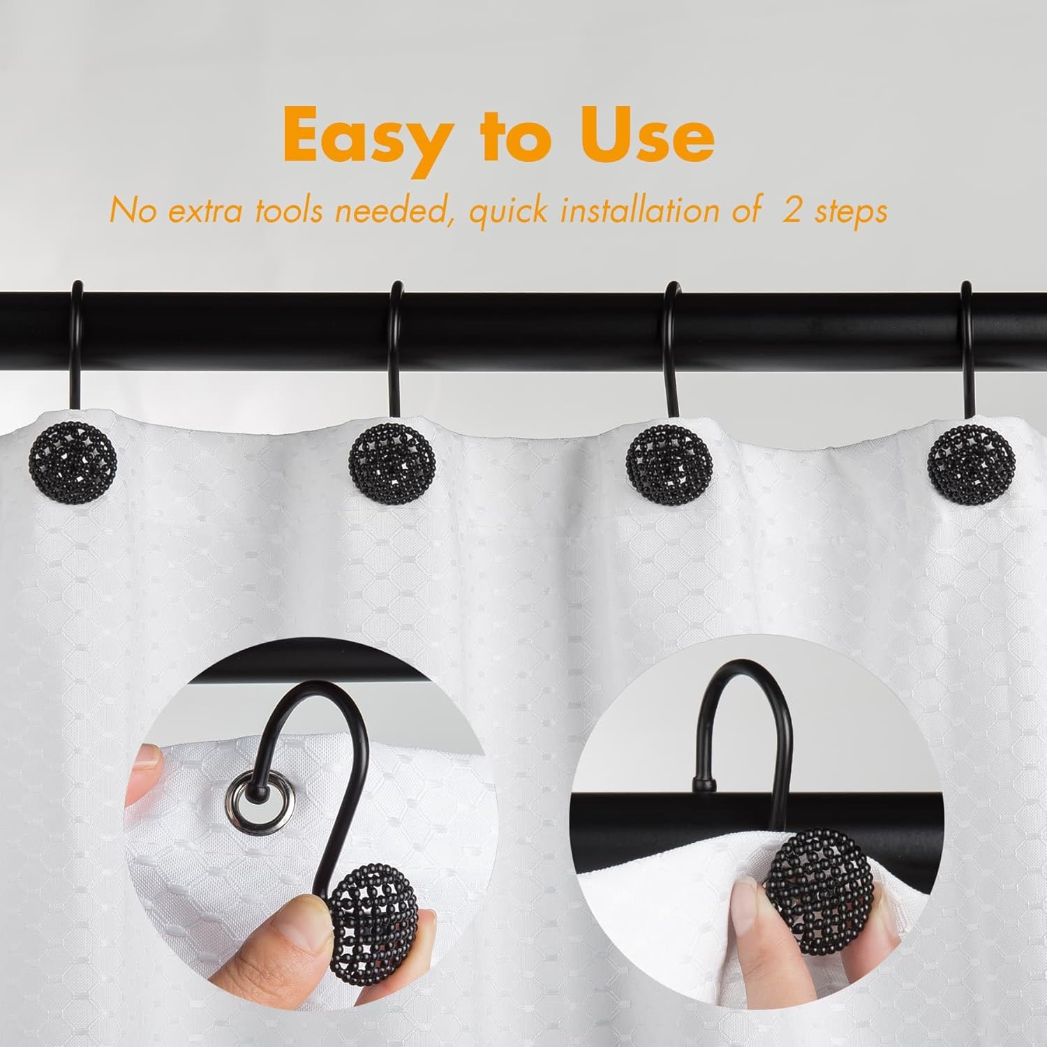 MKEUDQ-Black Shower Curtain Hooks Rings, Rust-Resistant Metal Glide Shower Hooks for Bathroom Shower Rods, Bathroom Accessories Set of 12 Hooks - Matte Black