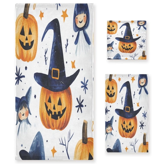 3 Piece Bath Towels Set Bath Towel, Hand Towel and Face Towel for Bathroom, Gym, Hotel Halloween Pumpkins and Witch