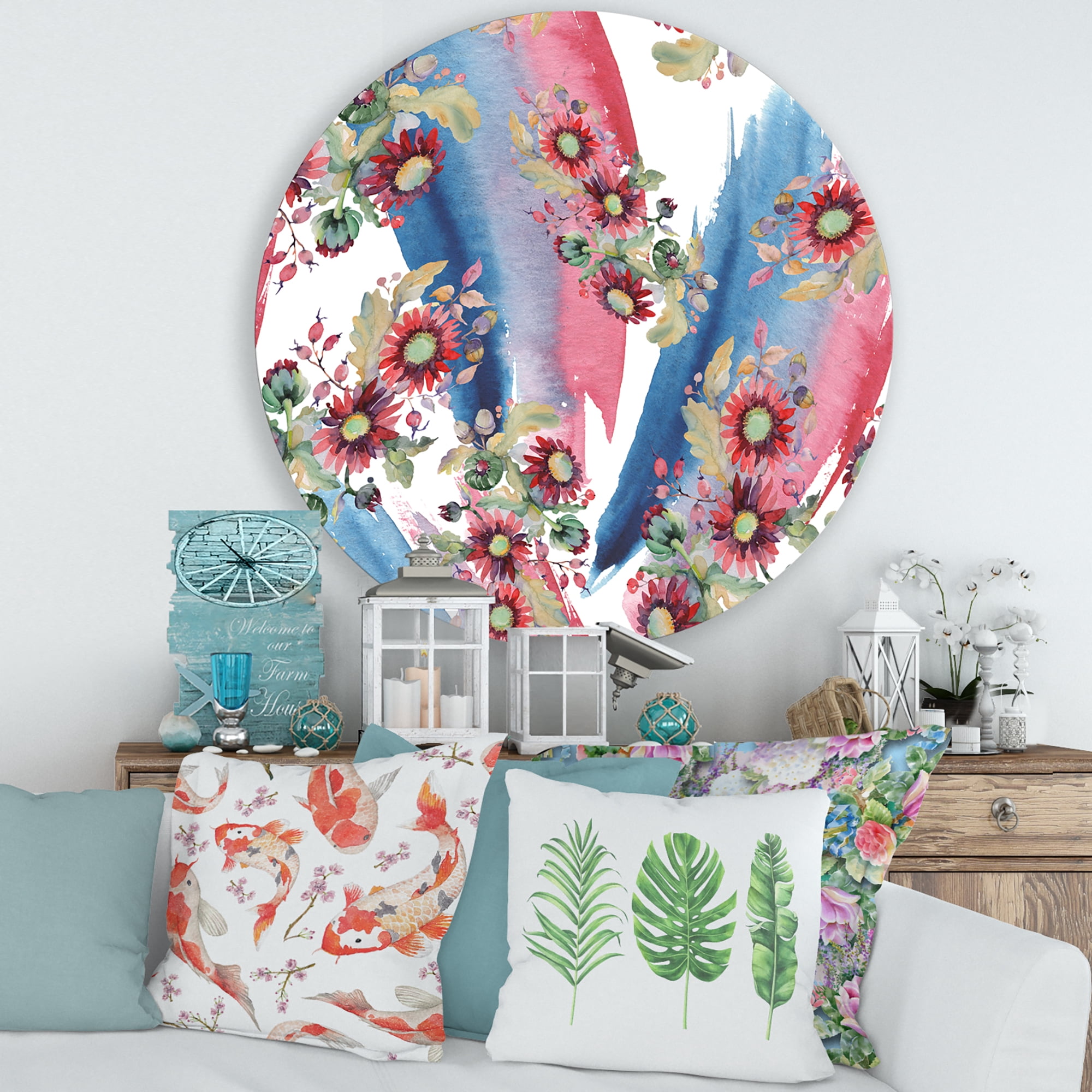 Designart 'Acorn Bouquet and Red Aster' Modern Circle Metal Wall Art 36x36 - Disc of 36