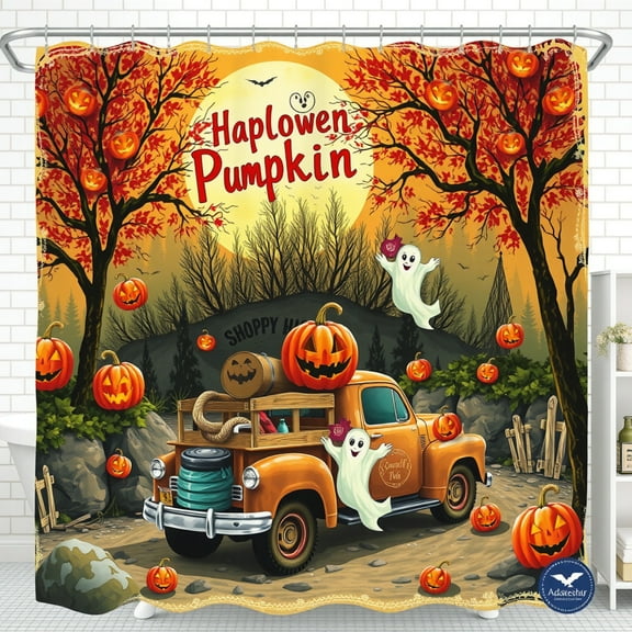 Vintage Halloween Shower Curtain with Orange Truck Lanterns