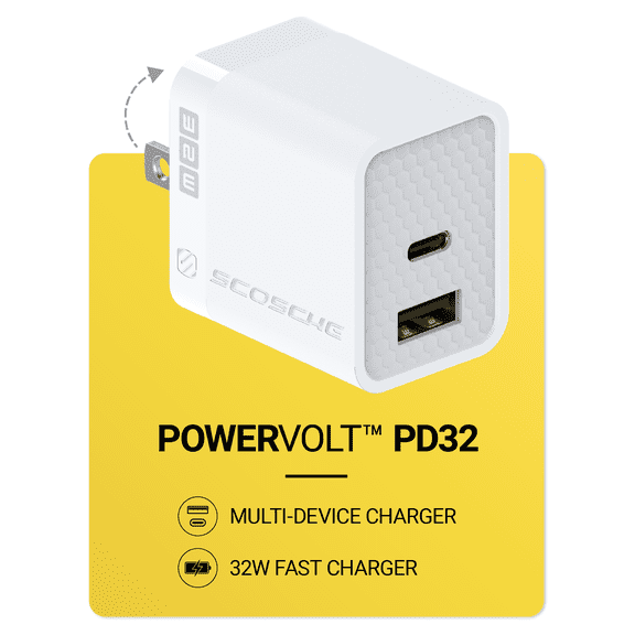 Scosche PowerVolt 32W Certified USB Type-C   USB Type-A Fast Wall Charger Power Delivery 3.0 Compatible with All USB-C and USB-A Devices, White SHPDCA32WT-SP