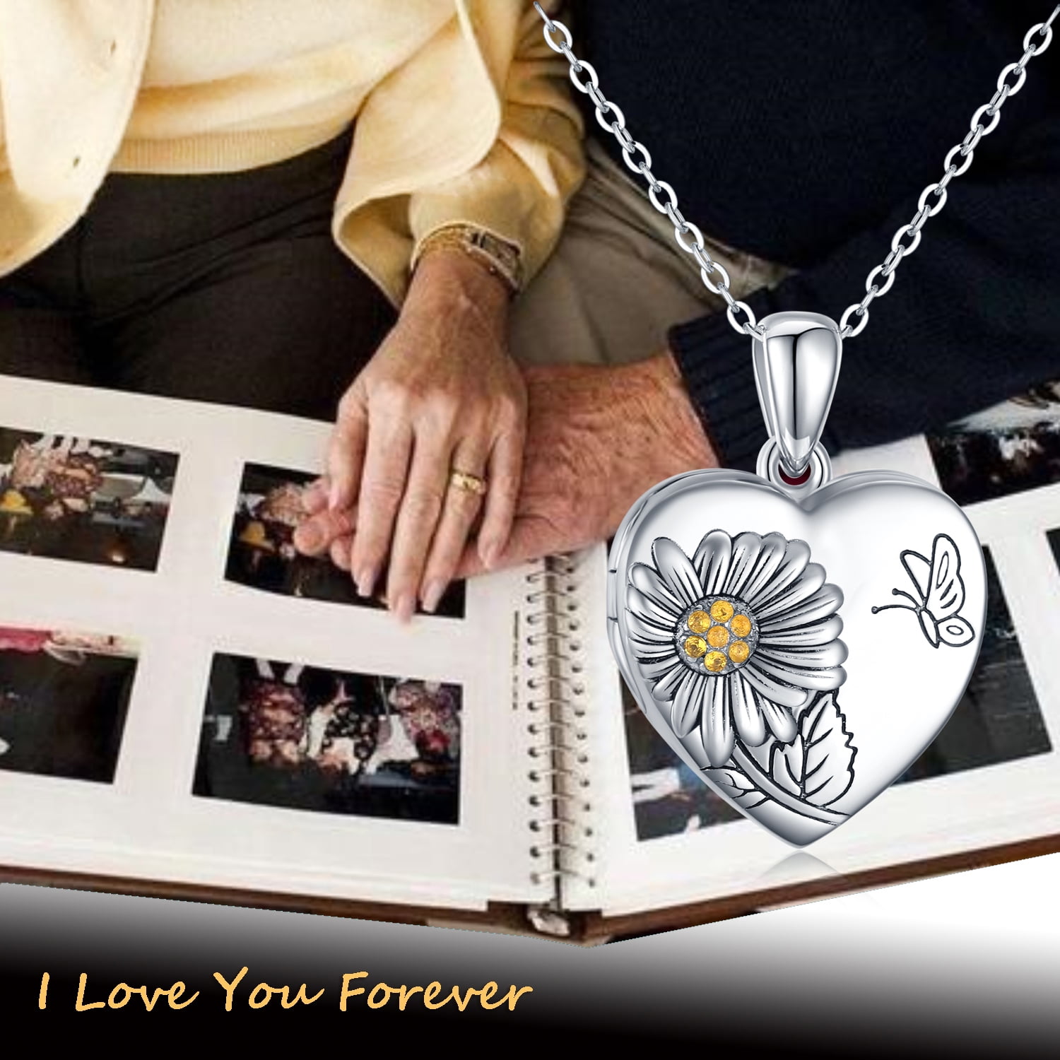 Coachuhhar Heart Sunflower Locket Necklace 925 Sterling Silver Sunflower Butterfly Locket Necklace That Hold 2 Photos Locket Jewelry Gift for Women