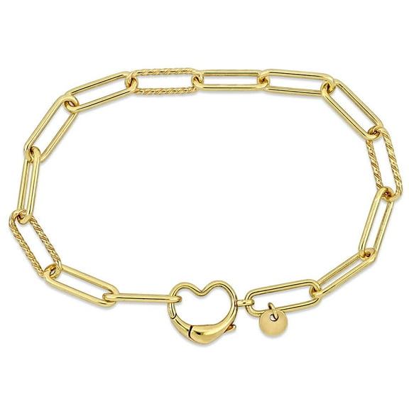 Amour Paper Clip Link Bracelet in Yellow Plated Sterling Silver with Heart Clasp