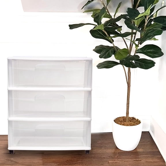 Drawer Tower, 3-Tier Wide Rolling Storage Cart with Removable Wheels, White Frame – Plastic Organizer with Clear Bin Drawers for Bedroom, Bathroom, Home Office, and Dorm Room