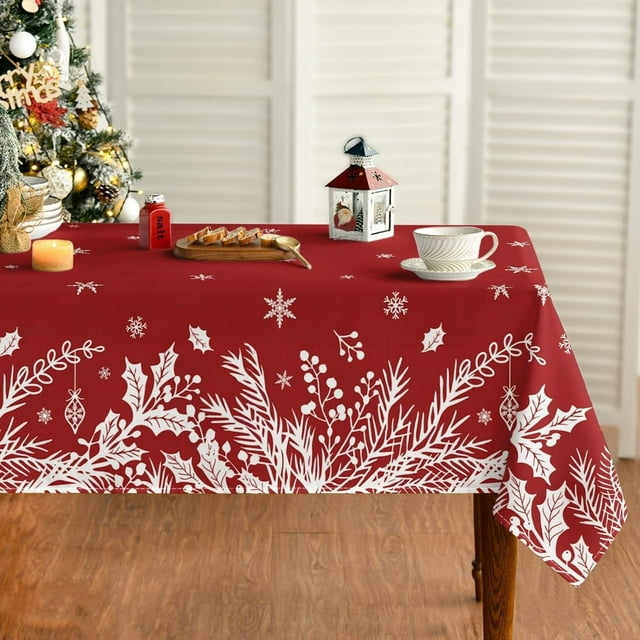 Christmas Tablecloth 60×104 Inch, Floral Leaf Red Washable Table Cover for Party Picnic Dinner Decor