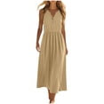 thumbnail image 2 of Women Summer Maxi Dress Solid Color Sleeveless V Neck Button Pleated Elegant Flowy Sundress with Pockets Casual Beach Vacation Dresses, 2 of 8
