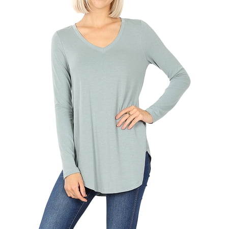 Women & Plus(S-3X) Relaxed Fit Long Sleeve V-Neck Round Hem Jersey Tee Shirt Top (Single & Multi-Packs Available) price history on PriceWatchPro