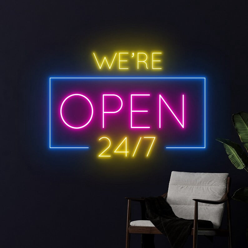 Handmadetneonsign We Are Open 24/7 Neon Sign, Open Logo Wall Art Decor, Welcome Wall Decor