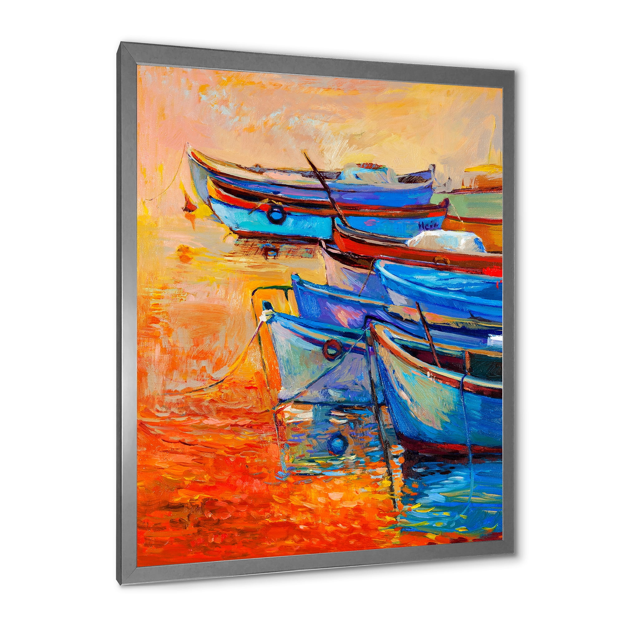 Designart 'Boats During Warm Sunset Resting On The Water VIII' Nautical & Coastal Framed Art Print