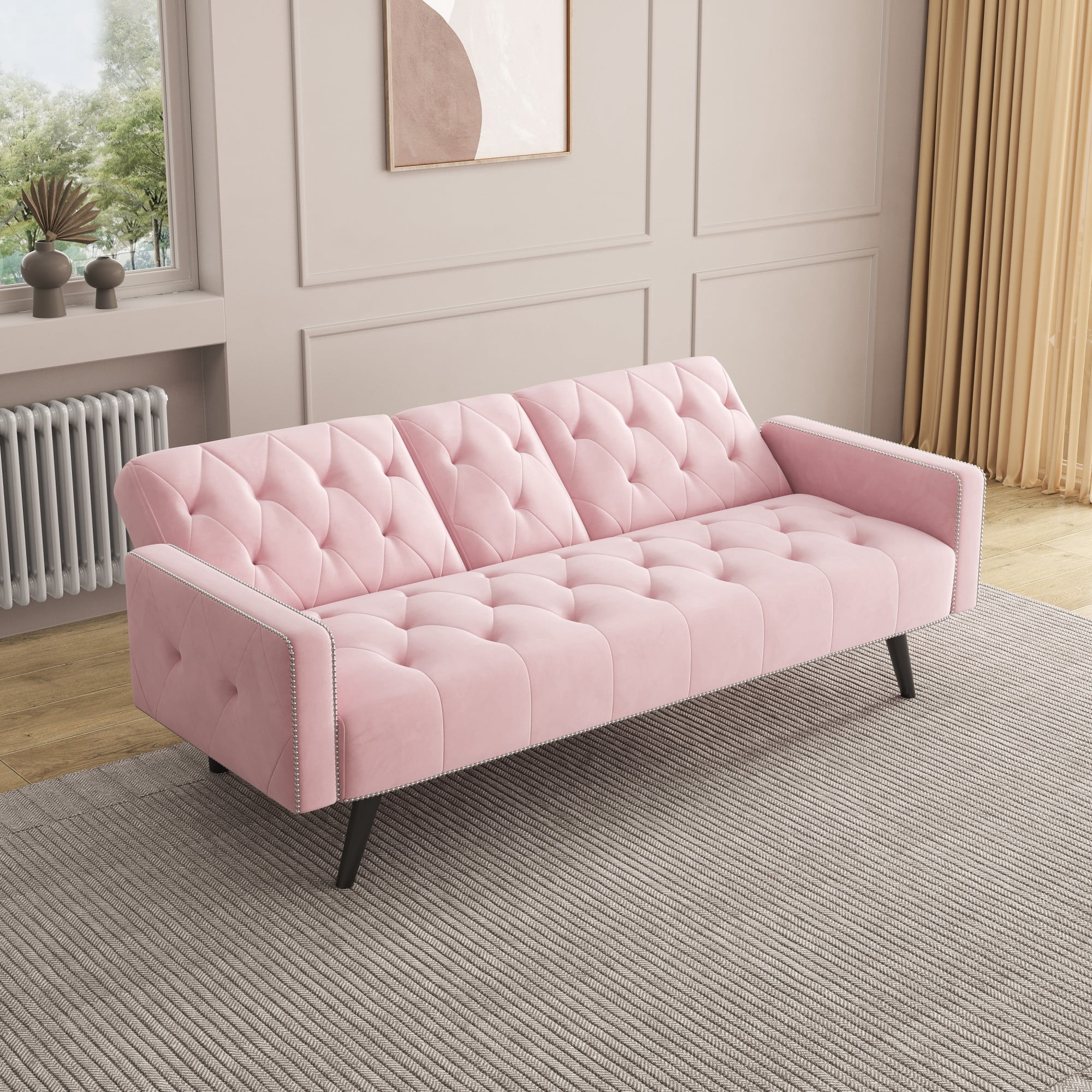 Gewnee 72" Sofa Bed,Velvet Loveset with Nail Head Trim & Two Cup Holders,Suitable for Small Spaces,Bedrooms and Apartments.(Pink)