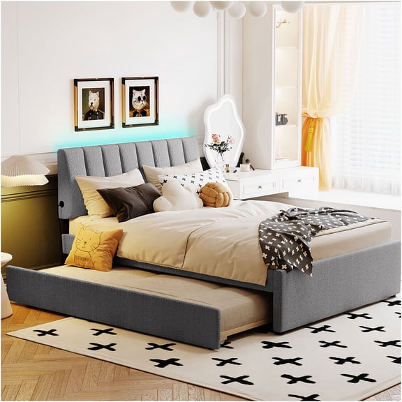 JERFIT Gray Full Size Upholstered Platform Bed with Trundle, LED Light, Storage, and Remote Control