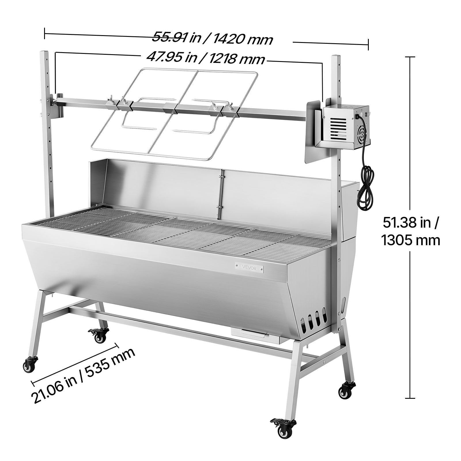 VEVOR Rotisserie Grill, 38W BBQ Outdoor Pig & Lamb Spit Roaster, Charcoal Spit Roaster with 132 LBS Capacity, Wheels & 4-Level Height,Stainless Steel Electric Rotisserie Grill Kit for Camping Outdoor