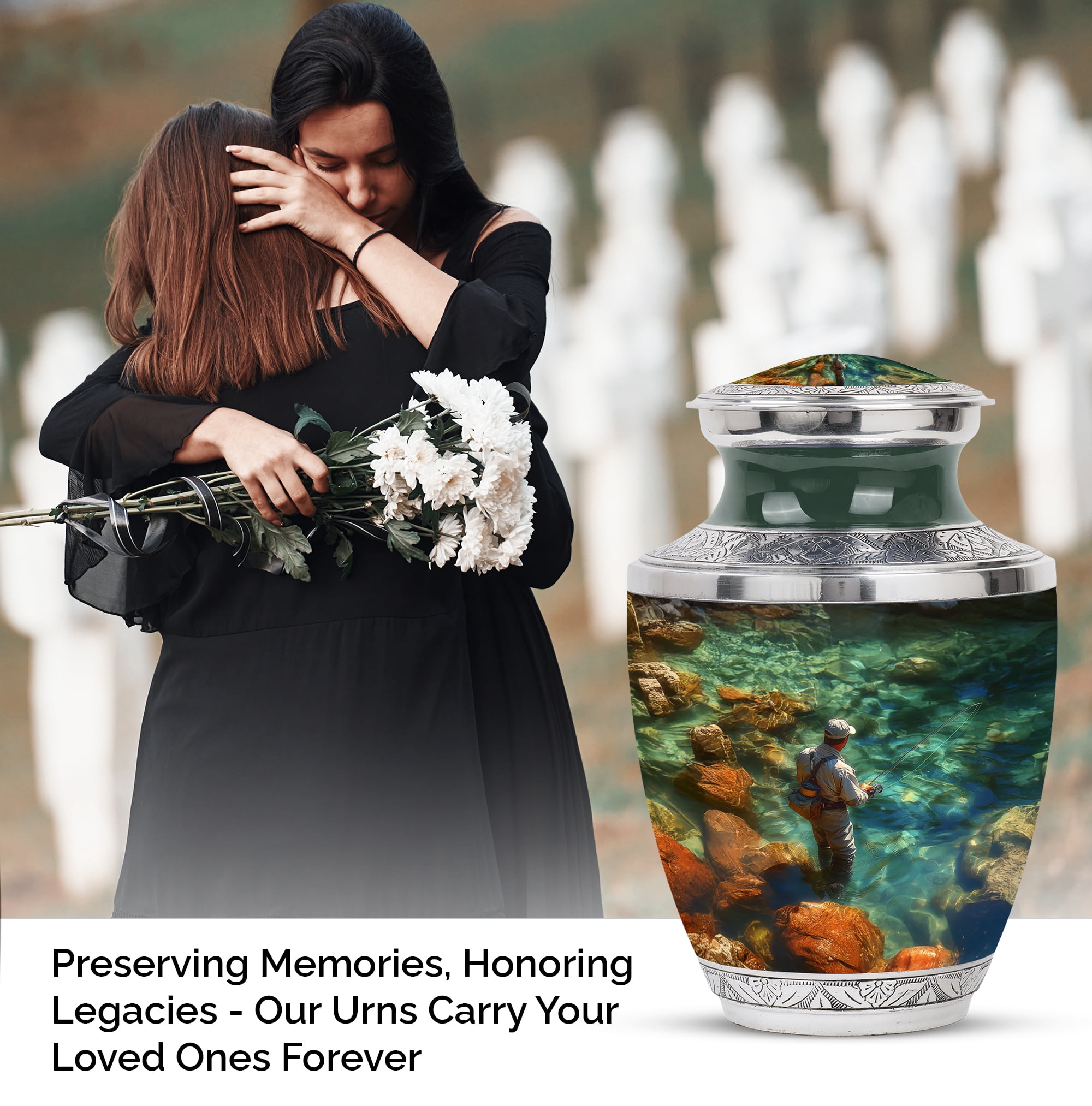 YATHABI Fishing Cremation Urn - Large Urns For Human Ashes Adult Male - Small Keepsake Urn For Adult Female - Little Urn For Ashes For Women - Memorial Ash Holder - 10 Inch And 3 Inch