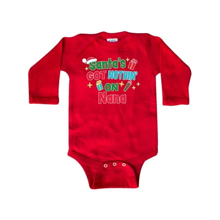

Inktastic Santa s Got Nothin on Nana with Christmas Presents Gift Baby Boy or Baby Girl Long Sleeve Bodysuit