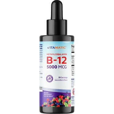 Vitamatic Fast Acting Liquid Vitamin B12 5000 mcg (Methylcobalamin) - Natural Berry Flavor - Sublingual Supplement - Faster Absorption - 2 OZ