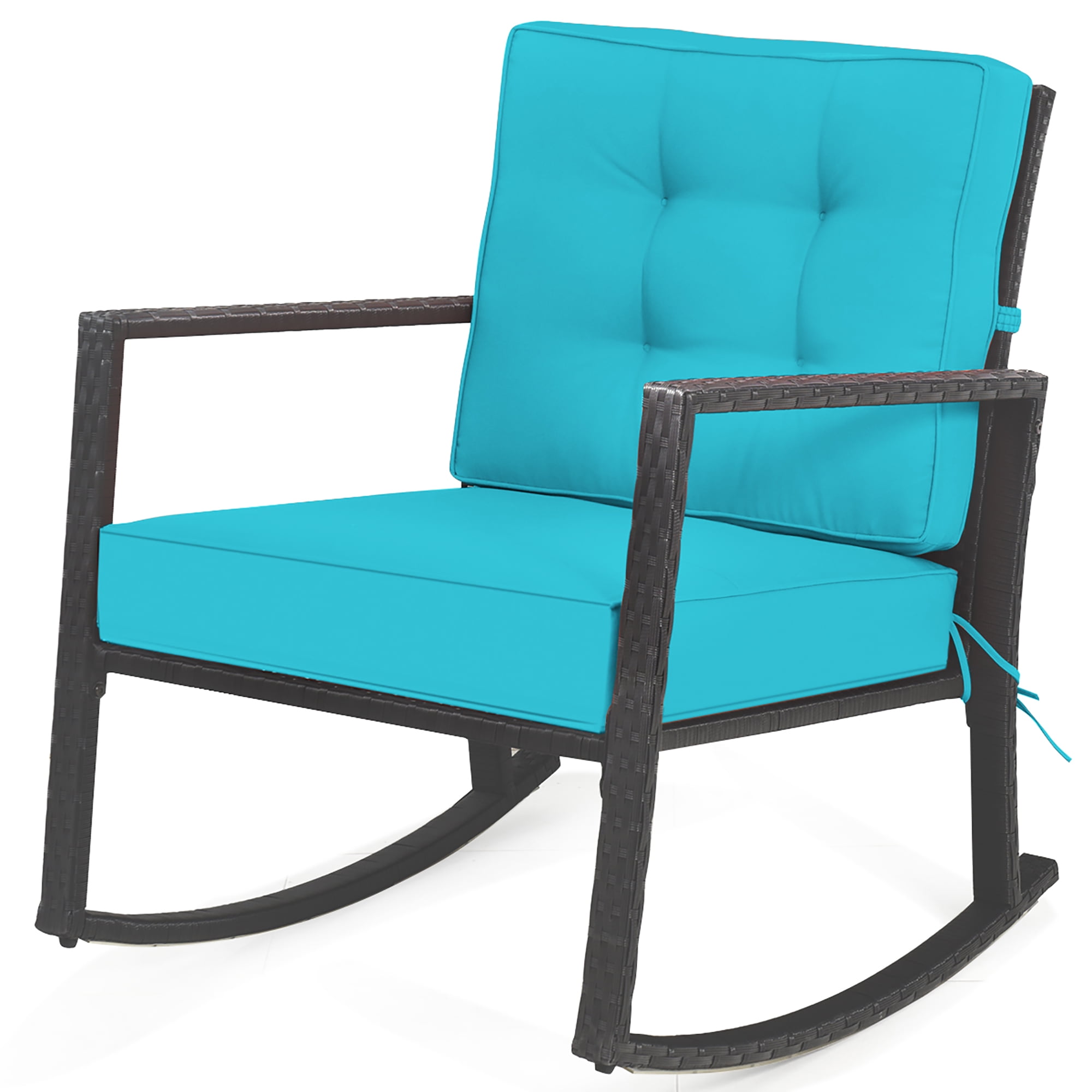 Costway Patio Rattan Rocker Chair Outdoor Glider Rocking Chair Cushion Lawn Turquoise