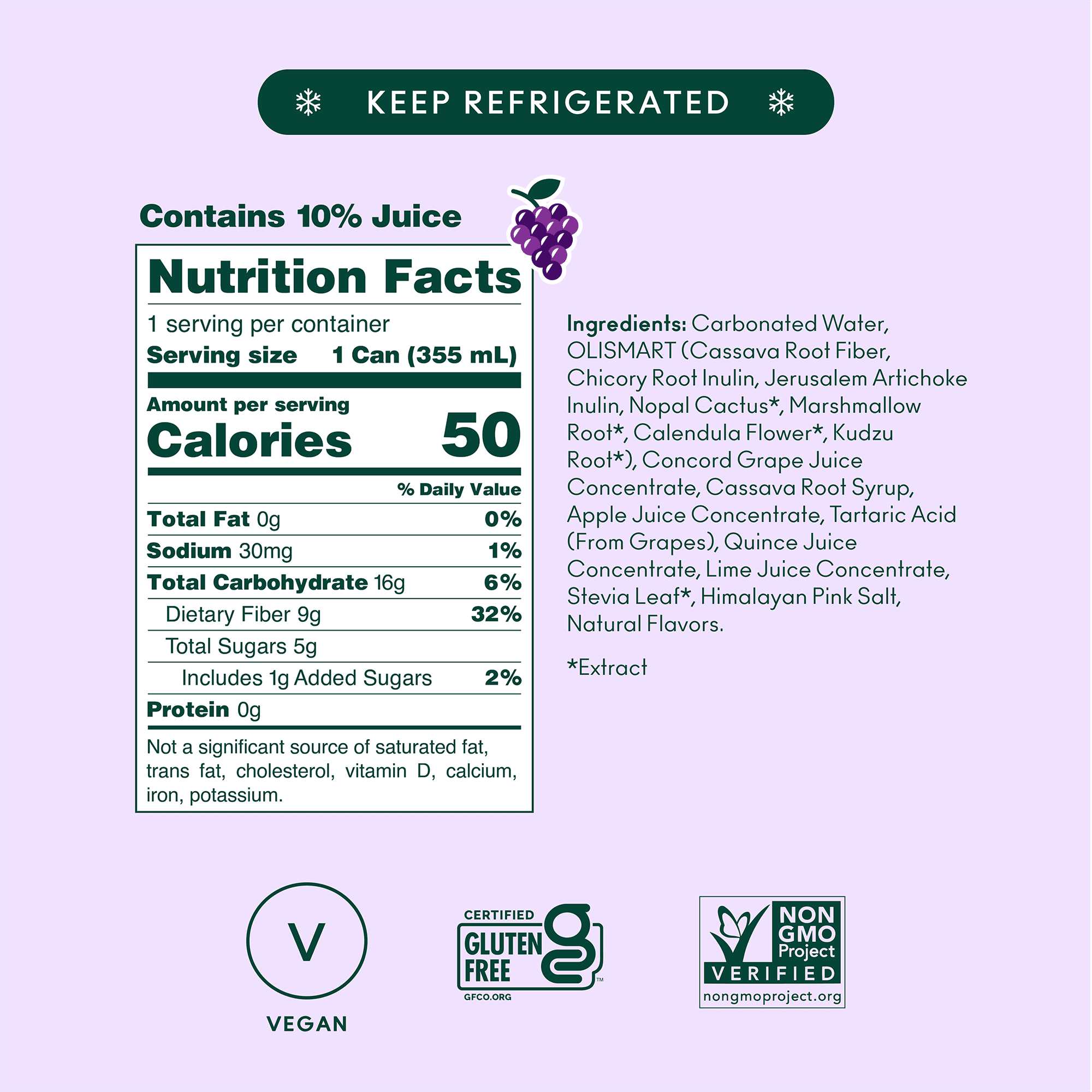 Olipop Prebiotic Soda Pop, Classic Grape, High Fiber, 12 fl oz 12 Pack