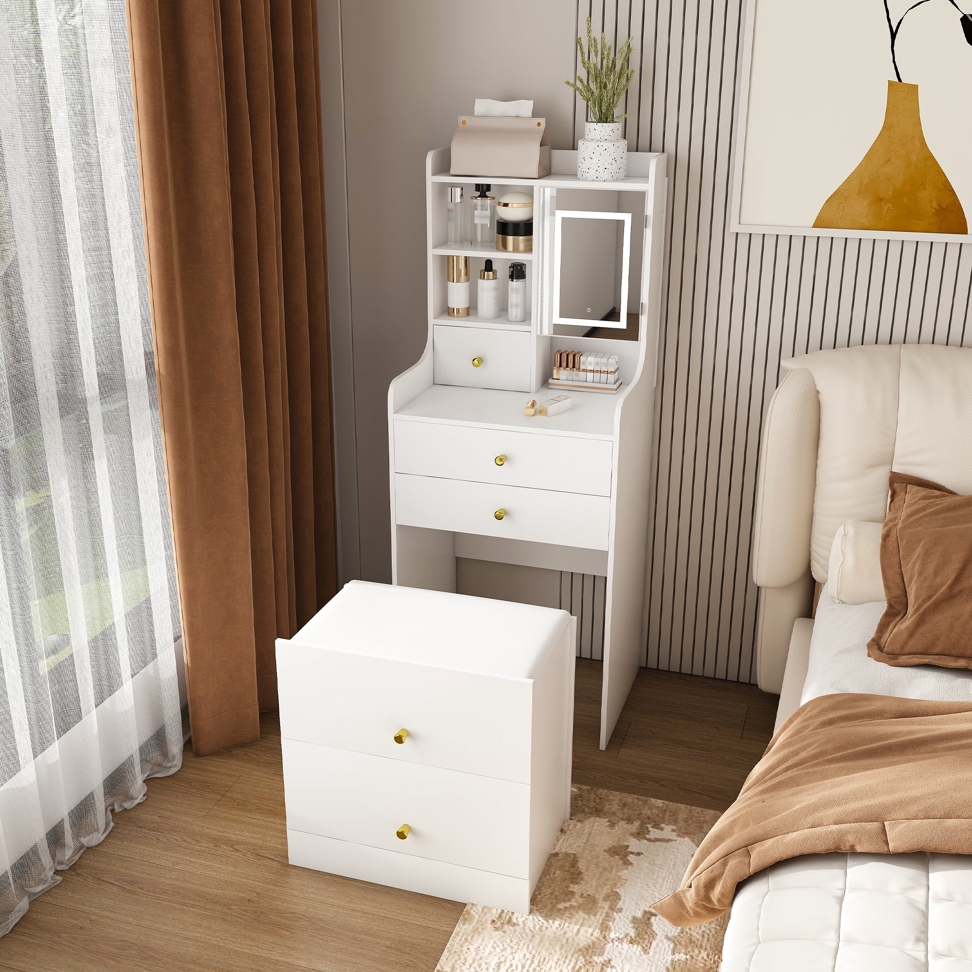 3-in-1 Dressing Table with LED Mirror & Storage Stool, White MDF Makeup Vanity with 4 Drawers and Bookshelf, 19.69 in L x 15.75 in W x 50.39 in H