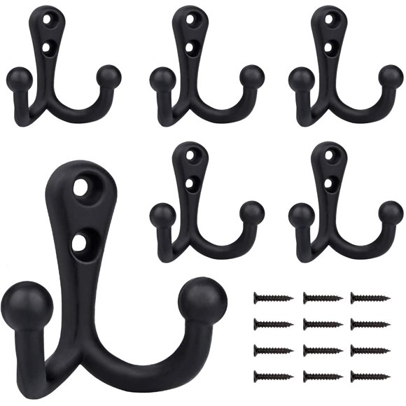 BIGLUFU Coat Hooks Heavy Duty Coats Hook Vintage Double Prong Wall Mounted with 20 Screws Retro Double Robe Hooks Utility Hooks for Coat, Scarf, Bag, Towel, Key, Cap, Cup, Hat (Black) (6 Pack)