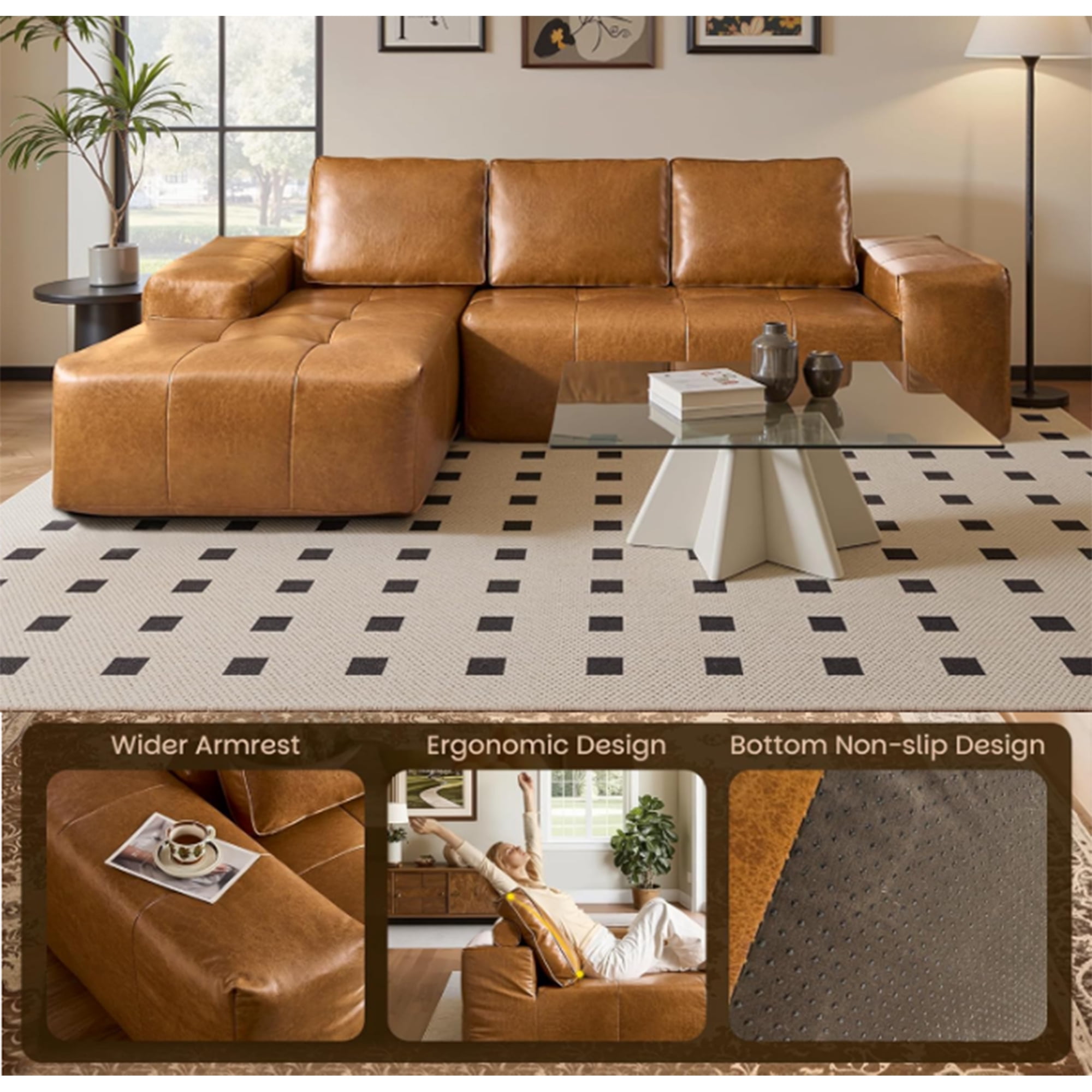 Boneless Brown Faux Leather Cloud Sectional Sofa with Chaise,L Shaped Modular Deep Seat Sofa Couch, No Assembly Required,Left-Hand Facing