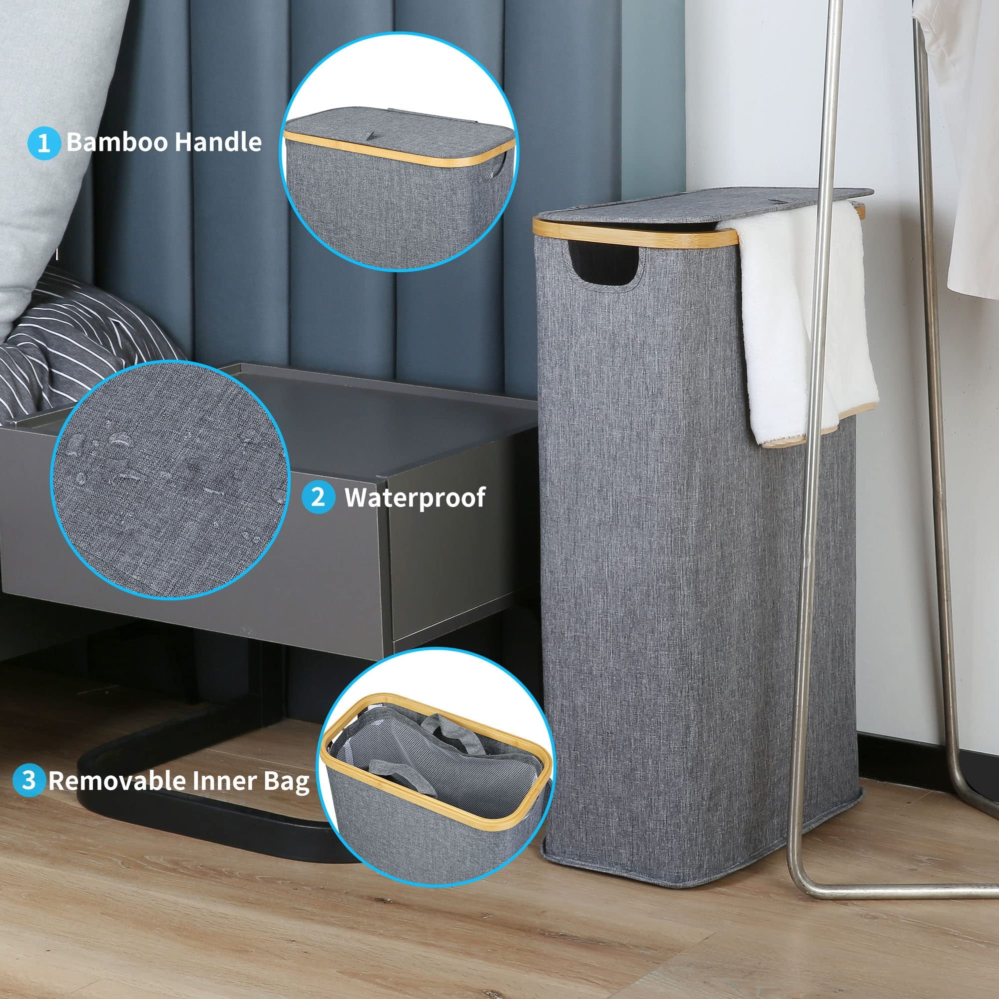 Efluky Slim Laundry Basket with Lid,63L Narrow Laundry Hamper with Removable Bag, Skinny Dirty Clothes Basket with Bamboo Handles for Bathroom, Bedroom & Laundry Room,Blue Grey