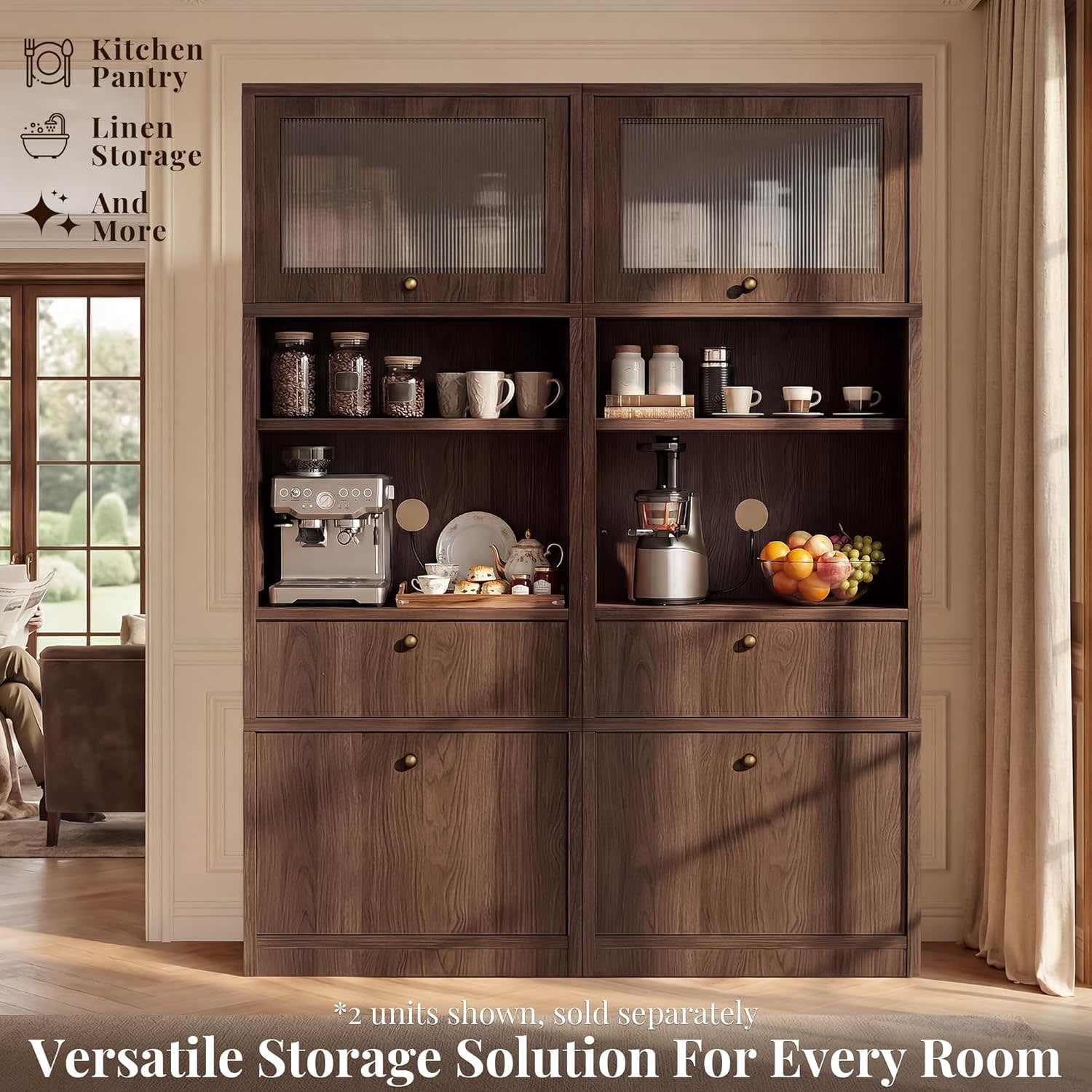 71" Tall Kitchen Pantry Cabinet, Extra Deep 15" with Microwave Stand, 2 Drawers & Open Shelf, Freestanding Anti-Tip Organizer for Kitchen