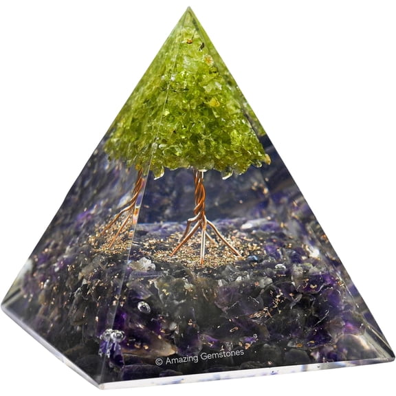 Orgone Energy Pyramid with Amethyst Crystals, Peridot Tree and Healing Stone