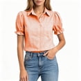 thumbnail image 3 of Admvng Women's Gingham Plaid Shirt Lapel V Neck Puff Ruffle Short Sleeve Chest Pocket Button Down Casual Blouse Tops, 3 of 6
