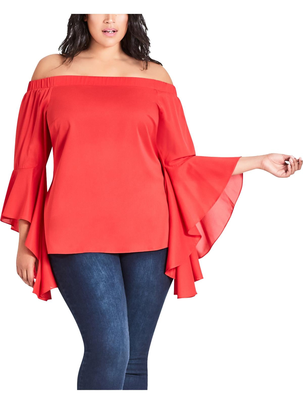 City Chic Womens Apparel Womens Plus Size Contrast Shoulder Peplum Top with Bow Sleeve Detail 