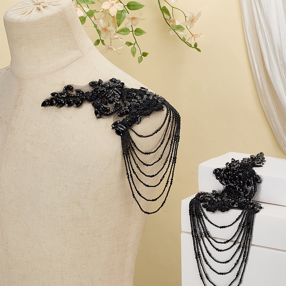 2pcs Rhinestone Sewing Ornaments Flower with Glass Seed Beads Mesh Yarn and Copper Alloy Black 310x118x5.5mm