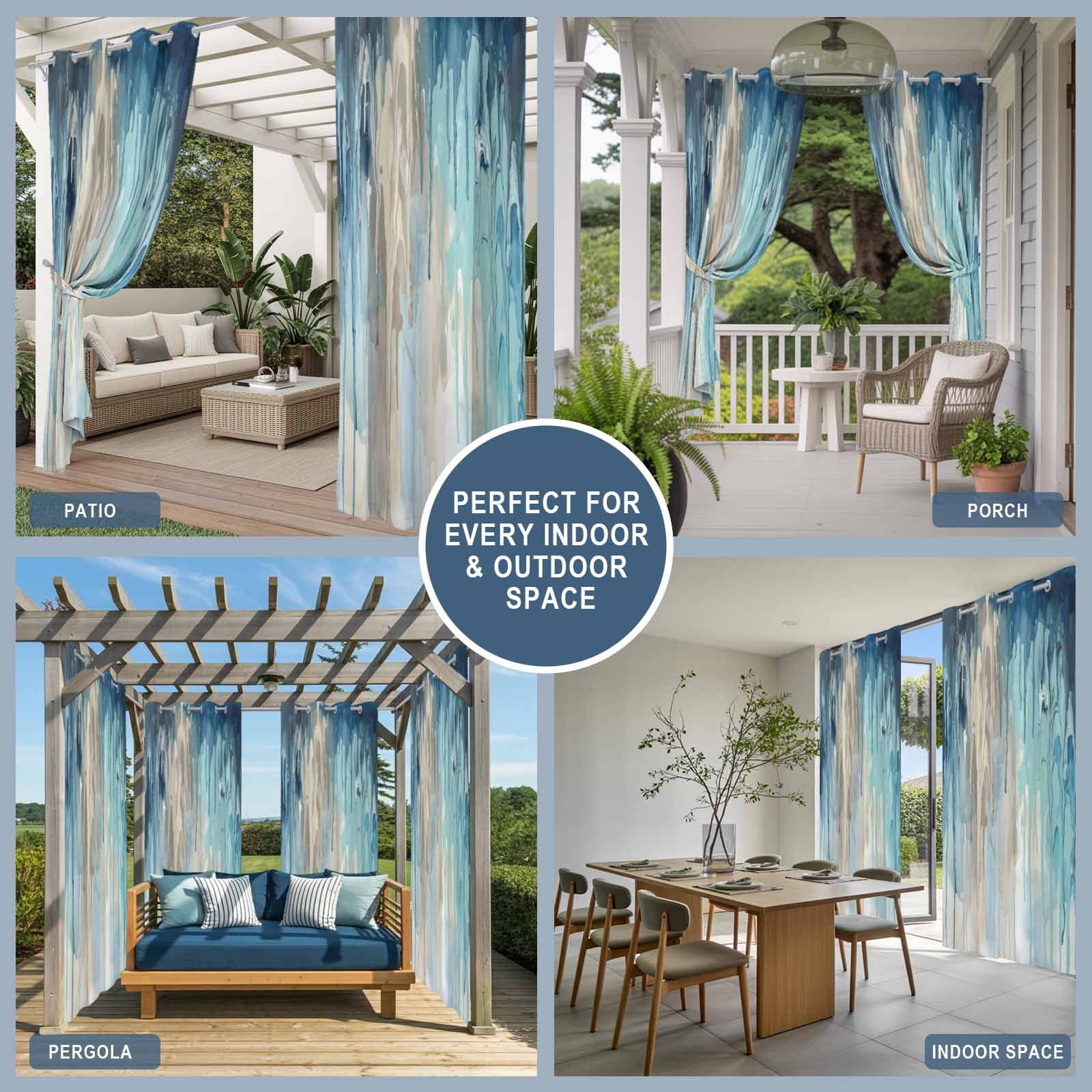 Abstract Rain Outdoor Curtains for Patio, Modern Teal Beige Blue Ocean Waves Water Drops Sunshade Privacy Drapes Grommet Waterproof Outside Curtains for Porch/Cabana/Balcony 54"x 108", 1 Panel