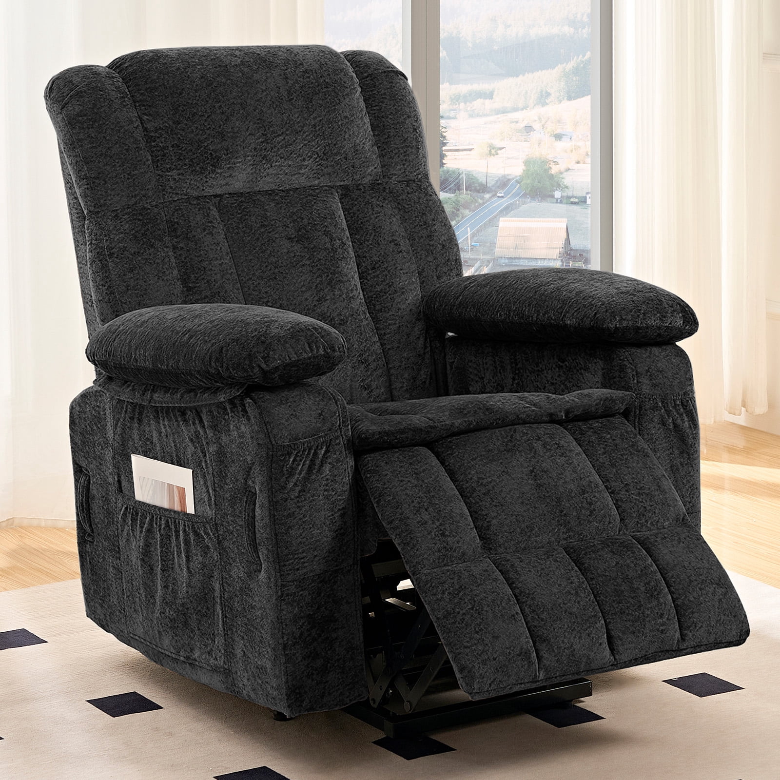 BALUS Oversized Power Lift Recliner with Dual Motor for Elderly, Velvet Arm Chair with Heat and Massage for Living Room, Black